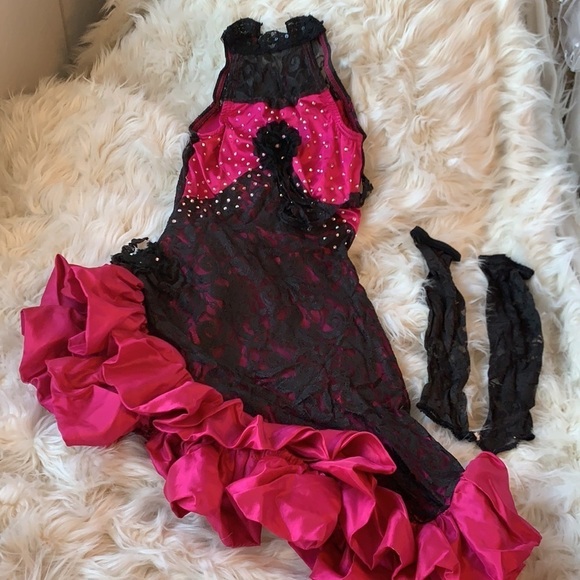 Custom Spanish Style Dance Costume with Swarovski Crystals and Arm Sleeves - Picture 2 of 6